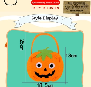 Detail showing dimensions of the orange felt Halloween pumpkin candy bag for kids