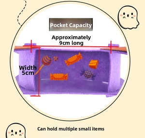 Detail view of purple felt Halloween candy bag with 9cm opening and candy prints