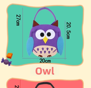 Felt owl candy bag detail with dimensions 27cm height and 20cm width for Halloween