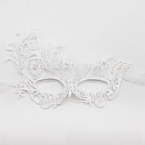 Detailed close-up of intricate white lace eye mask with delicate embroidery for parties