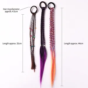 Kids colorful gradient braided hair extensions with elastic bands and decorative beads