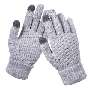 Winter thermal grey knitted touchscreen gloves with warm fleece lining and textured grip