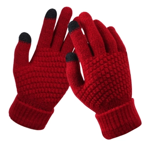 Winter red knitted touchscreen gloves for women featuring warm thick fleece lining and ribbed cuffs
