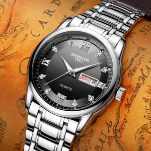 Close-up of a men's quartz watch with black dial and diamond-set Roman numeral markers