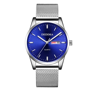 DEDIMA men's quartz watch with blue dial and silver stainless steel mesh strap