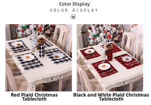 Detail of red and black buffalo plaid Christmas placemats and wine bottle covers