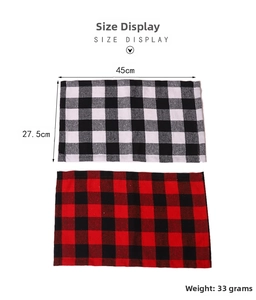 Detail view showing dimensions of red and black buffalo check Christmas table placemats