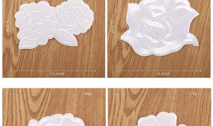 Detailed size and weight specs for white floral lace embroidery patches on wood background