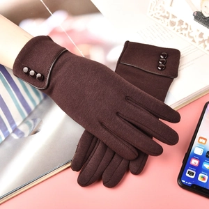 Women's warm winter thermal gloves in dark brown with button detail and touchscreen feature