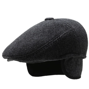 Coppola da uomo in lana con paraorecchie in tweed grigio scuro, cappello invernale caldo