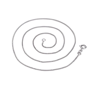 Macro shot of silver Venetian box chain necklace featuring a secure spring ring clasp