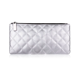 Detail of silver quilted faux leather clutch bag with zipper and diamond pattern