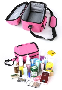 Pink insulated lunch bag with double layers showing spacious interior and storage capacity