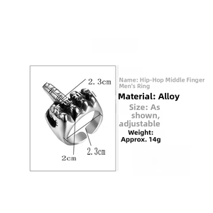 Detailed dimensions of vintage fist middle finger ring with adjustable open band design
