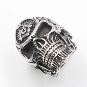 Men's vintage punk stainless steel skull ring featuring Freemasonry symbol in silver