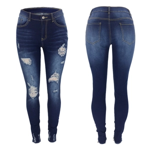 Vorder- und Rückansicht der dunkelblauen Distressed Skinny Jeans mit Rissen und Fransen