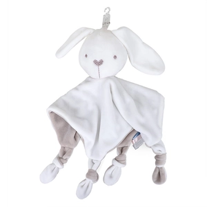 Soft white rabbit plush baby security blanket with knotted corners on white background