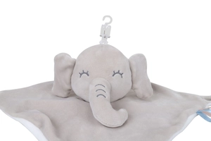 Detail of soft plush baby elephant security blanket with hanging hook and grey fabric