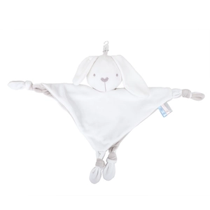Close-up of plush rabbit baby comforter in white and grey with knotted corners