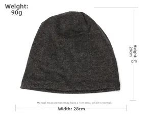 Detailed view of dark grey knitted beanie dimensions: 29cm height and 28cm width