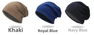 Detailed knit texture of slouchy beanies in khaki, royal blue, and navy blue