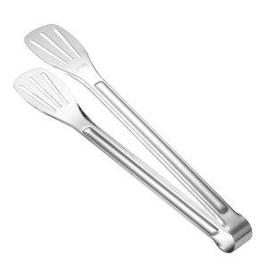 Pince alimentaire en acier inox SUS304 avec tête de pelle fendue sur fond blanc