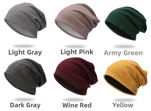 Close-up of thick knitted beanie hats in six colors including grey, pink, and wine red