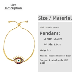 Detail of adjustable 18K gold plated evil eye bracelet with colorful zircon stones