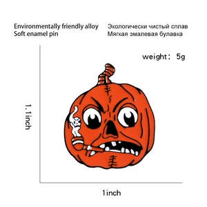 Detailed specs of the Halloween pumpkin pin featuring alloy material and soft enamel finish