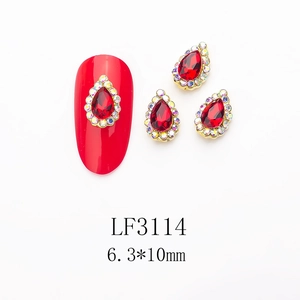 Detail of red teardrop nail rhinestones with AB crystals in 6.3x10mm size