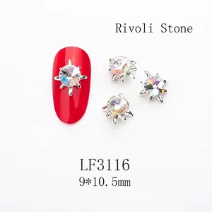 Detailed macro of LF3116 aurora crystal nail charm with 9x10.5mm sunflower alloy design