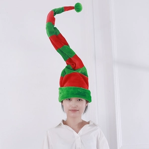 Close-up of red and green striped elf hat with pom-pom for Christmas party costumes