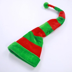 Detailed view of the long red and green striped Christmas elf hat with soft plush pom-pom