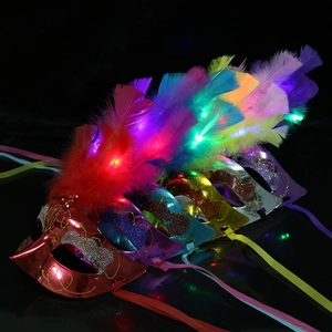 Luminous Halloween LED masks with colorful feathers and glitter on a dark background