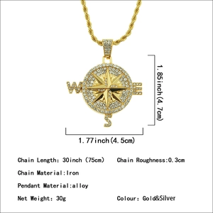 Hip hop style gold compass necklace with silver rhinestones and detailed dimensions
