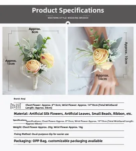 Detail of champagne artificial rose boutonniere and wrist corsage with golden ribbons