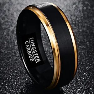 Men's tungsten carbide ring with black brushed finish and gold stepped polished edges