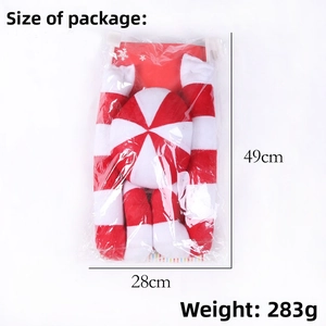 Detailed view of striped Christmas candy cane plush decor in packaging 49x28cm