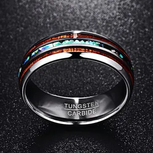 Bague pour homme en carbure de tungstène 8mm avec bois et nacre d'abalone irisée