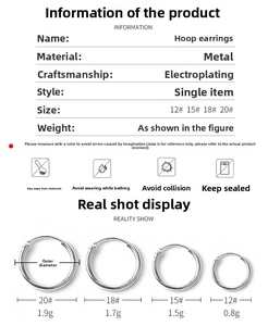 Size comparison chart for minimalist hoop earrings showing weights and diameters in detail