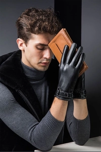 Men's winter PU leather touch screen gloves with wrist strap and snap button detail