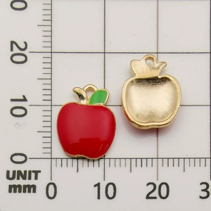 Detailed view of red apple alloy pendant with size scale showing 12mm x 15mm dimensions