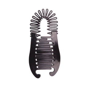 Glossy black oval plastic banana clip with interlocking teeth for hair styling