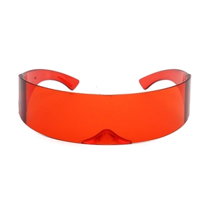 Macro shot of futuristic red translucent wrap-around lens with sleek cyberpunk design