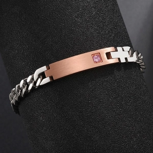 Stainless steel Cuban chain bracelet with rose gold ID bar, pink zircon and cross cutout