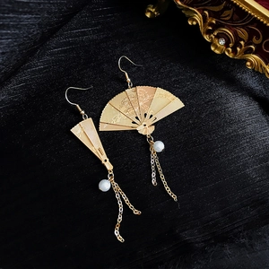 Vintage Chinese fan earrings with golden dragon relief, tassels and jade-like beads