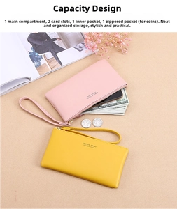 Pink and yellow leather wallets with wrist straps showing internal card slots and compartments