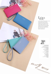 Litchi texture leather long wallets with wristlet straps in four vibrant pastel colors