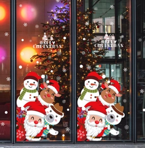 Merry Christmas window stickers featuring Santa Claus, reindeer, and snowman decorations