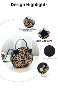 Detail of leopard print crossbody bag with cat ears, heart hardware and velvet texture